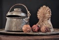 Old copper pot. cooker, bowl and pomegranate fruit Royalty Free Stock Photo