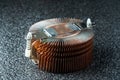 An old copper radiator for a computer with a patina on a black soft substrate Royalty Free Stock Photo