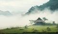 Old cottage house small thatched house on a hill, in the style of misty atmosphere, There are trees, fresh green forests. Behind Royalty Free Stock Photo