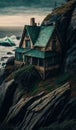 Old cottage locating in the rocks over the sea. Lonely secluded house on the cliff from high angle perspective. Generative AI