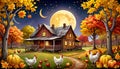 Old country farm house chicken yard evening moon fall autumn color Royalty Free Stock Photo