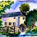 Old country house in crayon style, romantic country corner, genius loci ai Generated, generative AI, CGI graphics