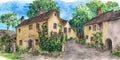 Old country house in crayon style, romantic country corner, genius loci ai Generated, generative AI, CGI graphics