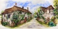 Old country house in crayon style, romantic country corner, genius loci ai Generated, generative AI, CGI graphics