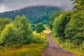 Old country road in the foggy mountain. Attractive summer scene of outskirts of Kvasy village, Royalty Free Stock Photo