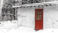 Old country utility storage shed surrounded in snow in Canadian eastern Ontario winter. Royalty Free Stock Photo