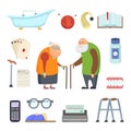 Old couple with assistants tools. Vector illustrations set in cartoon style