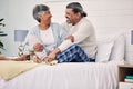 Old couple in bedroom together, hug with love and comfort, morning routine and happiness with bonding at home Royalty Free Stock Photo