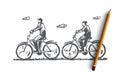 Old, couple, bicycle, happy, sport concept. Hand drawn isolated vector.