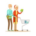 Old Couple With Cart Shopping In Department Store ,Cartoon Character Buying Things In The Shop