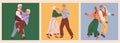 Old couple dance. Vector illustration. Holding hands while dancing. Old characters dating, love