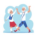 Old couple dancing. Cartoon happy granny and grandpa dancing, flat elderly people characters. Vector active grandfather