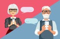 Old Couple Exchanging SMS Text Messages Vector Cartoon illustration Royalty Free Stock Photo