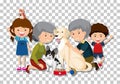 Old couple and grandchild with their pet dogs isolated on transparent background