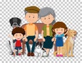 Old couple and grandchild with their pet dogs isolated on transparent background