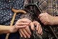 Old couple hands with cane Royalty Free Stock Photo