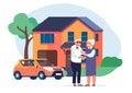 Old couple with house. Senior family in front of mansion. Home and car. Grandparents townhouse. Elderly people happiness