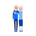 Old couple hugging. Elderly people stand close by. Grandma hugs