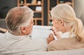 Old couple with life insurance application, retirement fund and paperwork, partner with property investment or asset Royalty Free Stock Photo