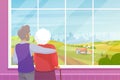 Old couple looking out window at summer rural landscape, standing with backs and hugging