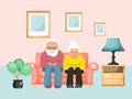 Old couple lovely male female sitting sofa, ages family evening concept relax flat vector illustration. Design cozy room