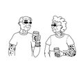 Old couple of man and woman with tattoo drinking tea or coffee together. Line art doodle illustration for print, graphic Royalty Free Stock Photo