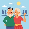 Old couple outdoor scene active seniors characters