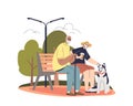 Old couple in park sit on bench with dog. Senior man and woman spend time outdoors walking happy pet Royalty Free Stock Photo