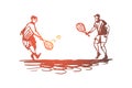 Old, couple, play, tennis, senior concept. Hand drawn isolated vector. Royalty Free Stock Photo
