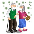 Old couple in protective face masks. Protection against coronavirus. Elderly husband and wife and cells virus covid 19. Vector