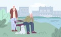 Old couple rest on city park. Nature town landscape, elderly walking with dog. Flat cartoon vector woman and man sitting Royalty Free Stock Photo