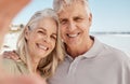 Old couple, selfie and smile in portrait on beach, love and travel with social media memory and wellness. Hug, smile in Royalty Free Stock Photo