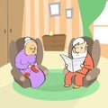 Old Couple Sitting In Armchair, Senior Lady Knitting, Man Reading Royalty Free Stock Photo