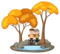 Old couple sitting in the park with many autumn tree