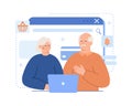 Old couple sitting at table and ordering goods in online store, paying with credit card