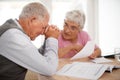 Old couple, stress and document for insurance in home for retirement planning for financial budget, problem or Royalty Free Stock Photo