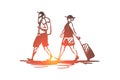Old, couple, travel, trip, luggage concept. Hand drawn isolated vector.