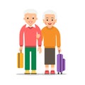 Old couple travel. Two aged people stand with bags and suitcases. Elderly man and woman stand together. Happy family concept. Royalty Free Stock Photo