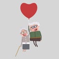 Old couple traveling in a heart balloon