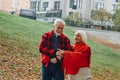 Old couple is walking in the green park. Fifty years together love story. Grandma and grandpa kissing. Grandmother and grandfather Royalty Free Stock Photo