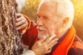 Old couple is walking in the green park. Fifty years together love story. Grandma and grandpa kissing. Grandmother and grandfather Royalty Free Stock Photo