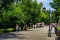 Old couple wearing surgical mask holding hands, people walking, relaxing and have fun on the alleys of park and gardens of the