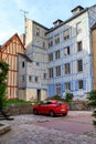 Old courtyard with half-timbered houses in the center of Rouen, France