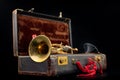 Old covered patina trumpet in a case. A historic wind musical instrument and a suitcase Royalty Free Stock Photo