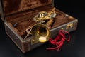 Old covered patina trumpet in a case. A historic wind musical instrument and a suitcase Royalty Free Stock Photo