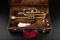 Old covered patina trumpet in a case. A historic wind musical instrument and a suitcase Royalty Free Stock Photo