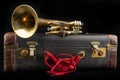 Old covered patina trumpet in a case. A historic wind musical instrument and a suitcase Royalty Free Stock Photo