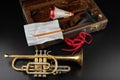 Old covered patina trumpet in a case. A historic wind musical instrument and a suitcase Royalty Free Stock Photo