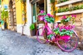 Old cozy street in Trastevere, Rome, Italy with a purple bicycle Royalty Free Stock Photo