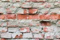 Old cracked brick wall with cracks and hollows.